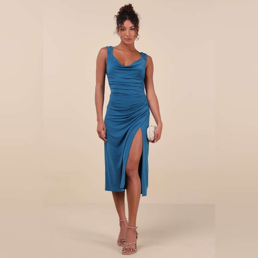 Lulus Flawless Effect Dark Teal Slinky Knit Cowl Tie-Back Midi Dress S